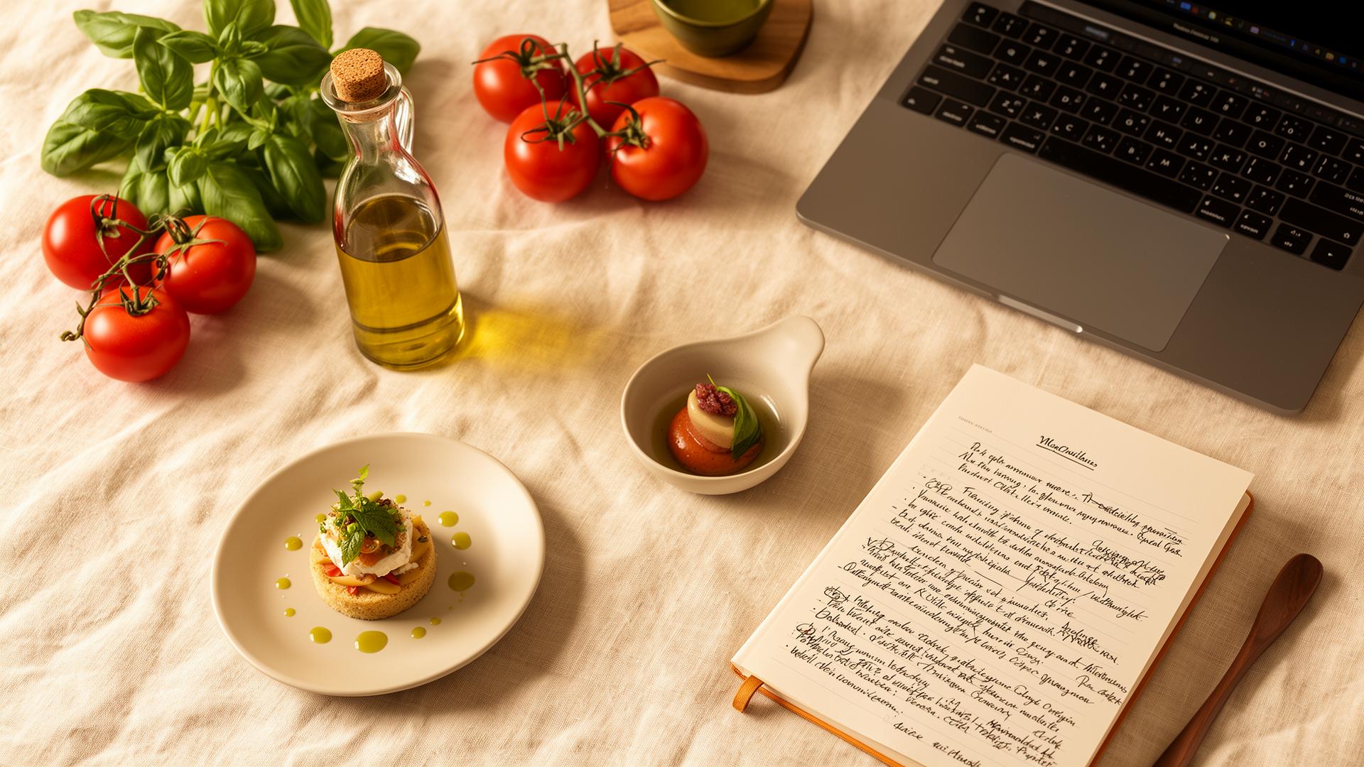 A flat lay of fresh tomatoes, basil, olive oil and a Michelin-style amuse-bouche next to a laptop and notebook